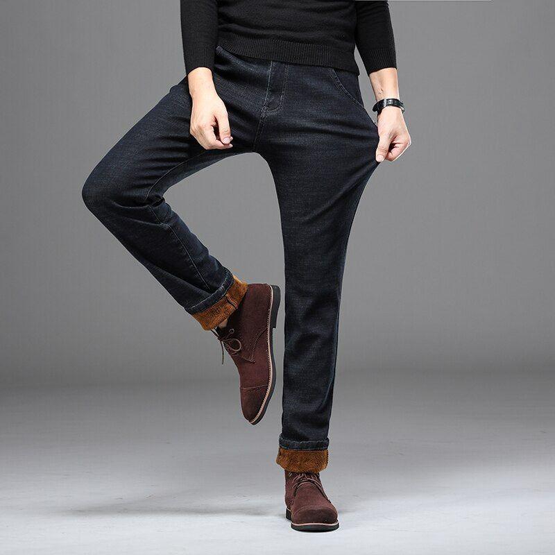 Plus Size 42 44 46 Men's Winter Warm Jeans Regular Fit Stretch Fleece Thick, Black, Blue - Frimunt Clothing Co.