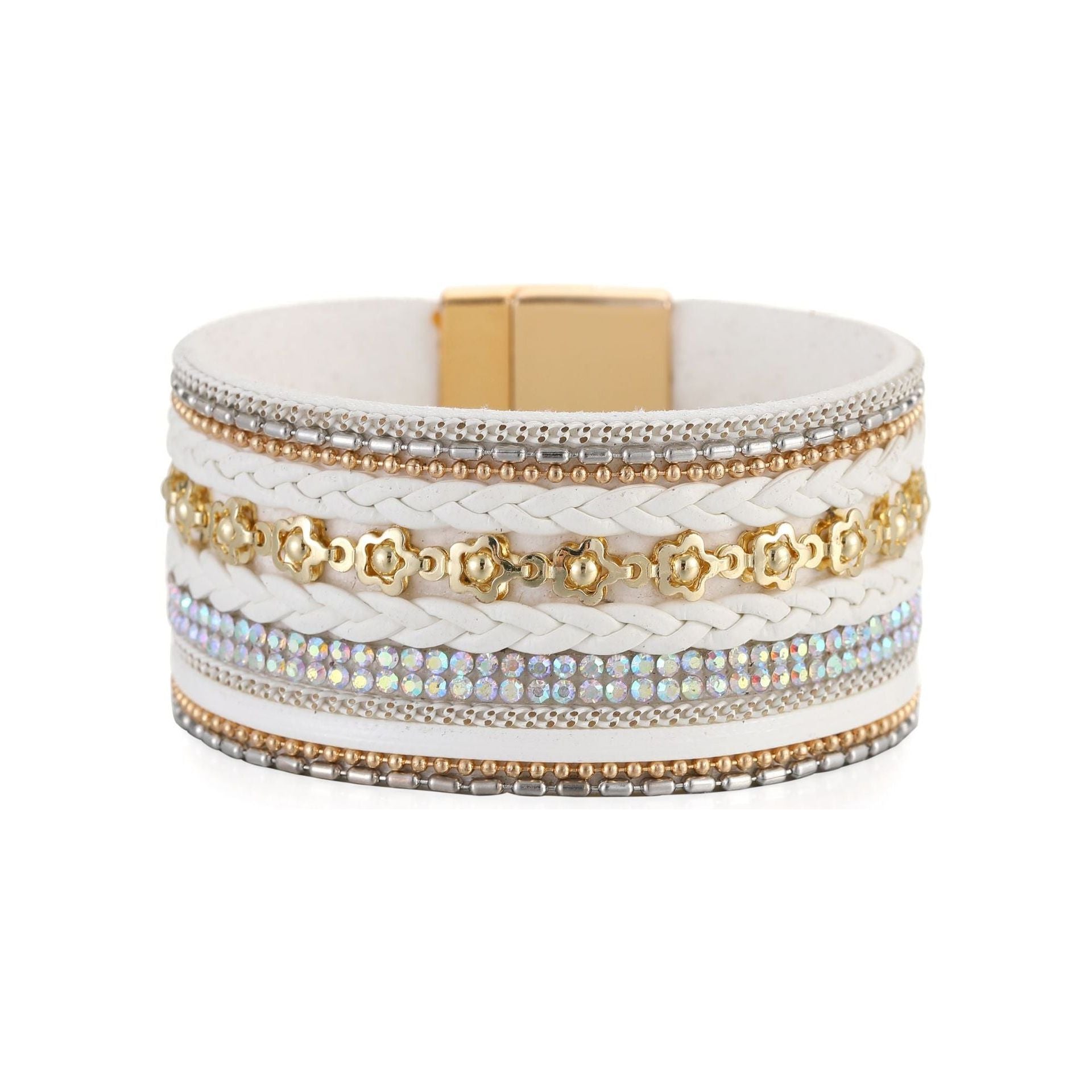 Wide Bracelet Flower Elements Diamond Luxury Braided Leather Strip Magnetic Buckle - Frimunt Clothing Co.