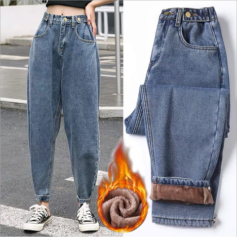 Winter Thick Fleece Warm Loose Mom Jeans Women High Waist Casual Denim Pants Plus Sizes - Frimunt Clothing Co.