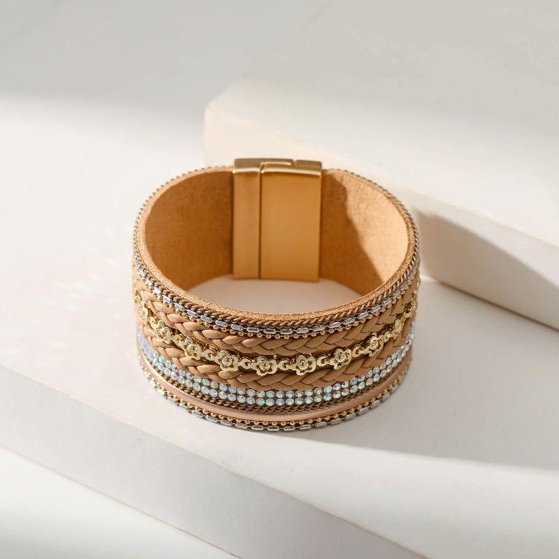 Wide Bracelet Flower Elements Diamond Luxury Braided Leather Strip Magnetic Buckle - Frimunt Clothing Co.