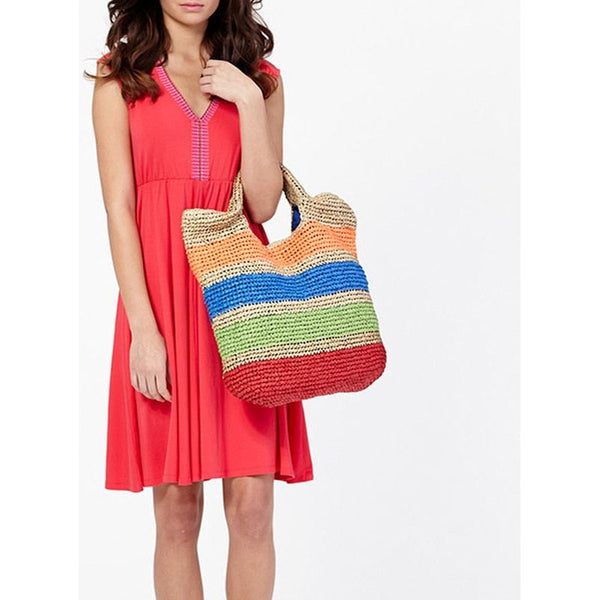 Crochet Summer Beach Tote Bags Colorful Straw Women Handmade Handbags