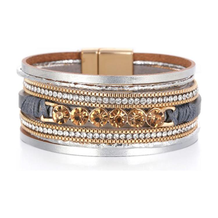 Retro Ethnic Multi-Layer Wide-Brimmed Women's Bracelet Crystal Diamond Luxury Leather Magnetic Buckle Bracelet - Frimunt Clothing Co.