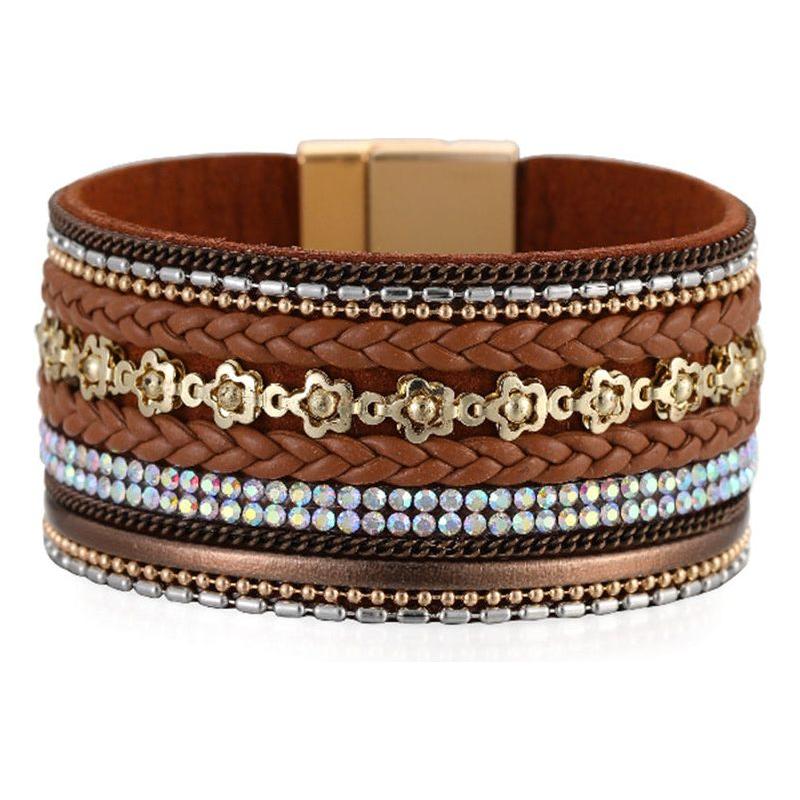 Wide Bracelet Flower Elements Diamond Luxury Braided Leather Strip Magnetic Buckle - Frimunt Clothing Co.