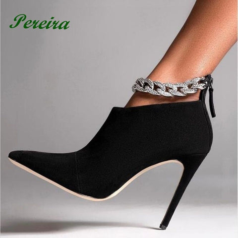 Women's Chain Decoration Ankle Boots Back Zipper Stiletto Heels Black Patent Leather & Suede Styles