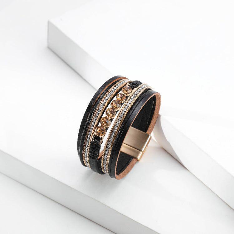 Retro Ethnic Multi-Layer Wide-Brimmed Women's Bracelet Crystal Diamond Luxury Leather Magnetic Buckle Bracelet - Frimunt Clothing Co.