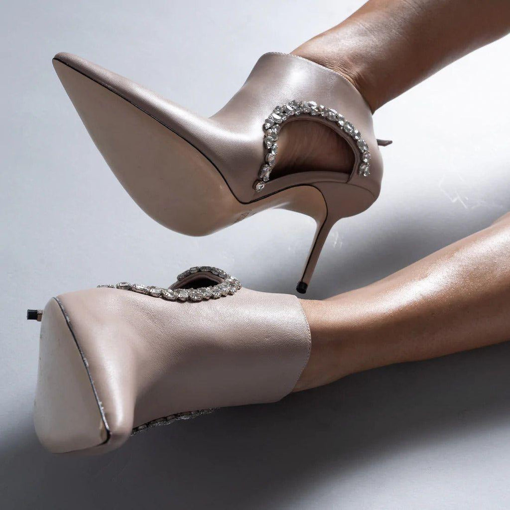 Sexy Pointed Toe Crystal Hollow Out Ankle Boots Solid Leather Back Zipper Thin High Heel Designer Pumps - Frimunt Clothing Co.