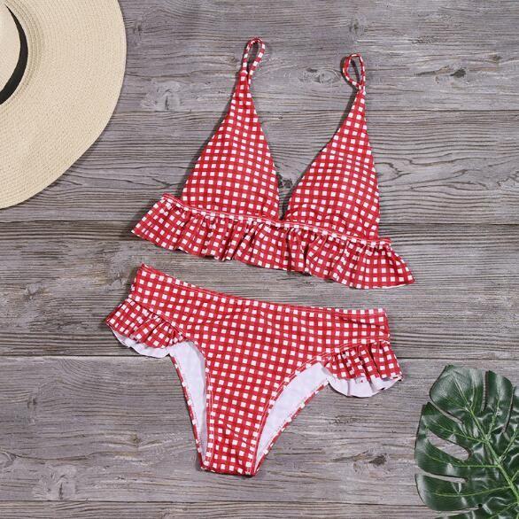 Bikinis Set Plaid High Waist Ruffle Women's Swimsuit Sexy Two Piece Bathing Suits - Frimunt Clothing Co.