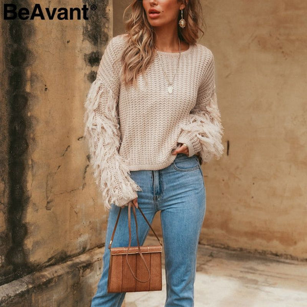 Tassel Knitted Women's Sweater Pullover Loose Casual O-Neck - Frimunt Clothing Co.