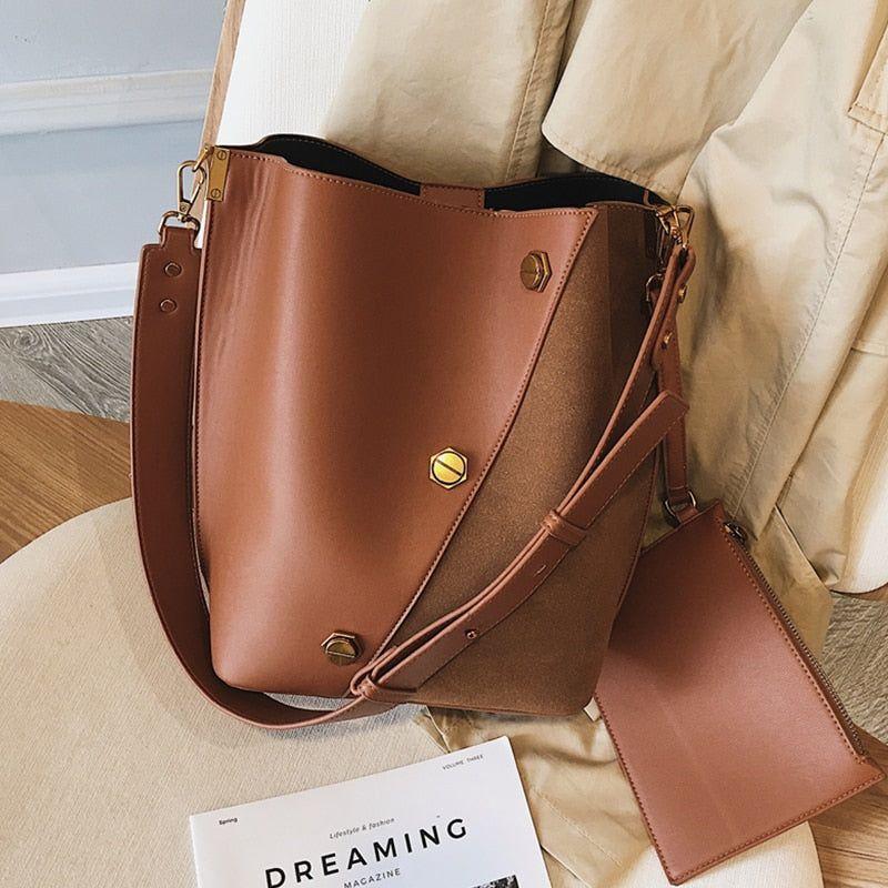 Burminsa Suede Bucket Women Shoulder Bag Wide Strap Handbag/Crossbody Bags With Coin Purse - Frimunt Clothing Co.