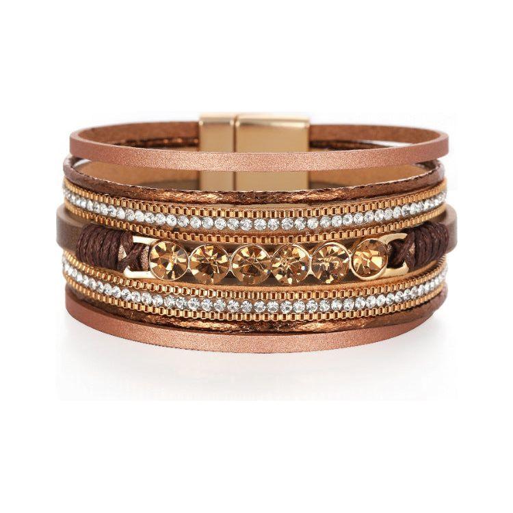 Retro Ethnic Multi-Layer Wide-Brimmed Women's Bracelet Crystal Diamond Luxury Leather Magnetic Buckle Bracelet - Frimunt Clothing Co.