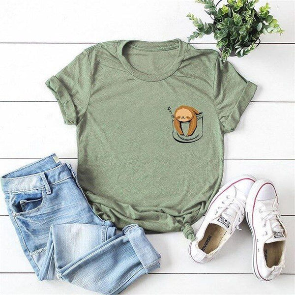 Cotton T Shirt Women Funny Cute Pocket Sloth Print Summer Tops Plus Sizes 5XL - Frimunt Clothing Co.