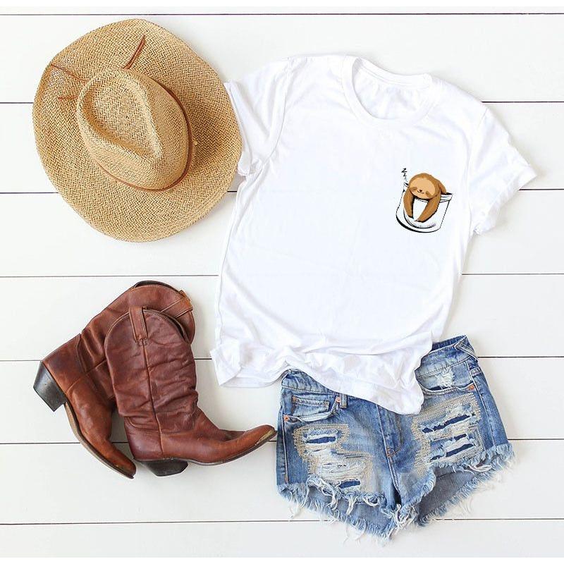 Cotton T Shirt Women Funny Cute Pocket Sloth Print Summer Tops Plus Sizes 5XL - Frimunt Clothing Co.