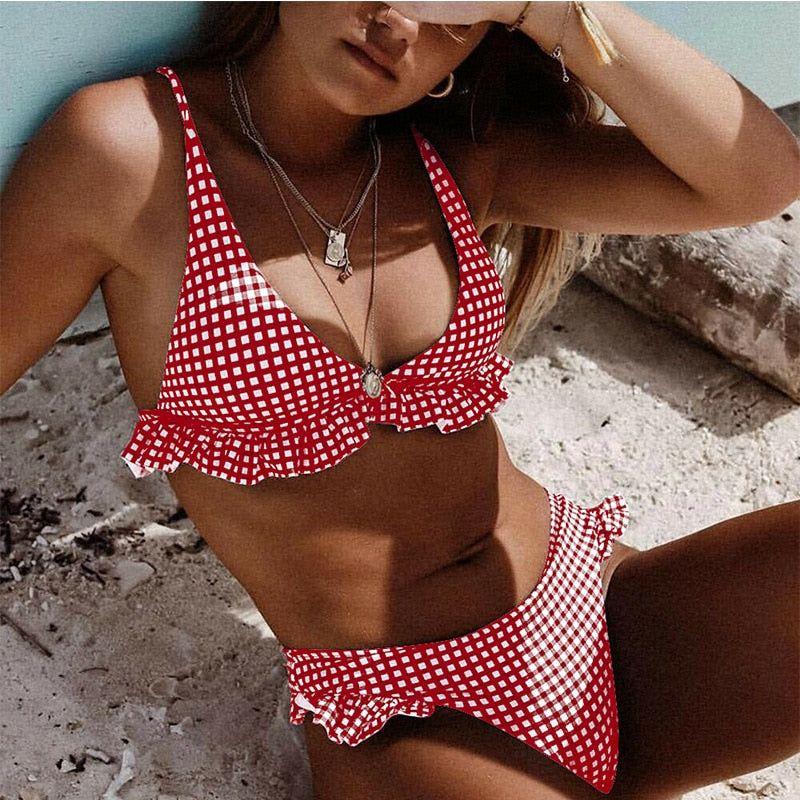 Bikinis Set Plaid High Waist Ruffle Women's Swimsuit Sexy Two Piece Bathing Suits - Frimunt Clothing Co.