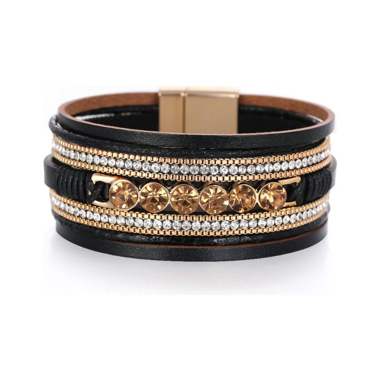 Retro Ethnic Multi-Layer Wide-Brimmed Women's Bracelet Crystal Diamond Luxury Leather Magnetic Buckle Bracelet