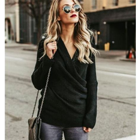 Sexy Crossed V Neck Soft Knit Women's Sweater Pullover - Frimunt Clothing Co.