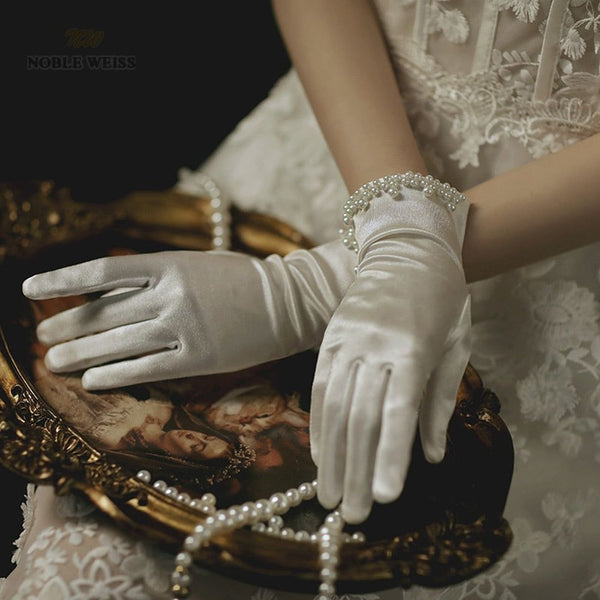 Elegant Satin Short Bridal Gloves Beaded Wedding Gloves - Frimunt Clothing Co.