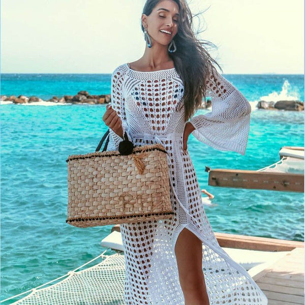 Crochet White Knitted Beach Cover Up Dress - Frimunt Clothing Co.