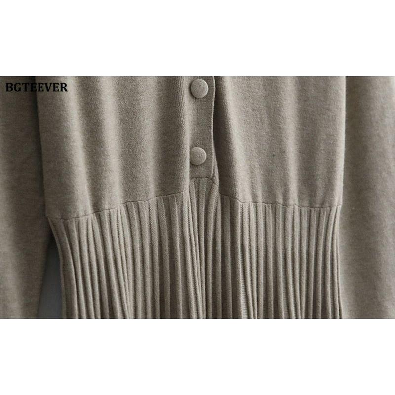 Elegant V-Neck Autumn Winter Knitted Belted Pleated Women's Long Dress - Frimunt Clothing Co.