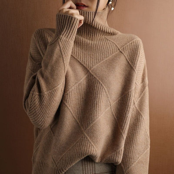 Women's Turtleneck Sweater 100% Wool Knit Pullover Large Sizes Black Beige Auburn Yellow
