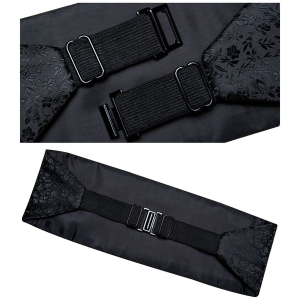 Black Floral Silk Men's Cummerbunds Bow Tie, Brooch, Hanky, Tuxedo Formal Wide Belt and Cufflinks Set. Formal Men's Fashion.