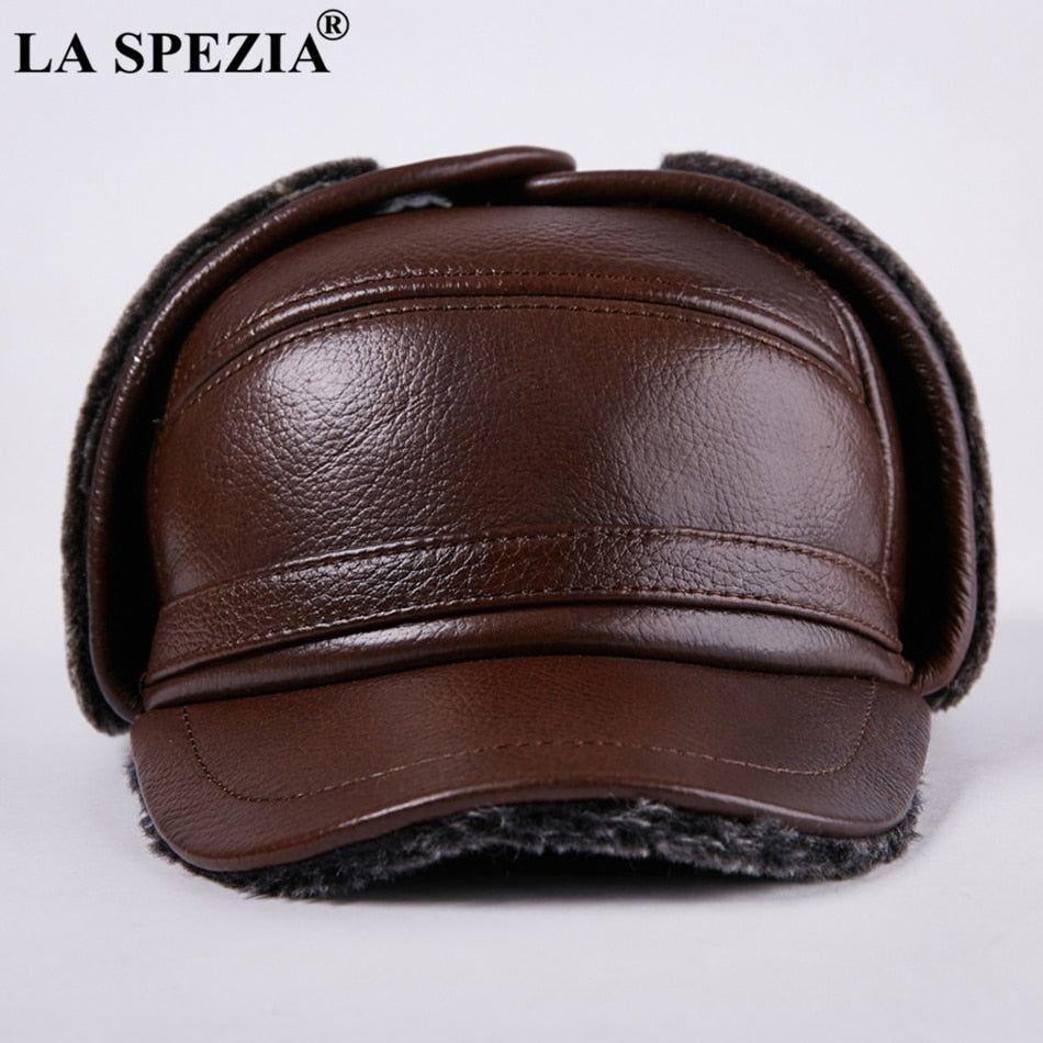 LA SPEZIA Winter Bomber Hat Men Russian Genuine Cow Leather Ushanka Cap With Ear Flaps Warm Fur Lining - Frimunt Clothing Co.