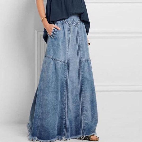 Women's Vintage Weathered Long Denim Skirt High Waist Blue, Dark Blue, Gray