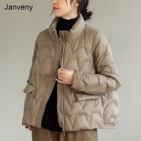 Ultra Light Quilted Women's Down Jacket Stand Collar 90% White Duck Down Solid Color