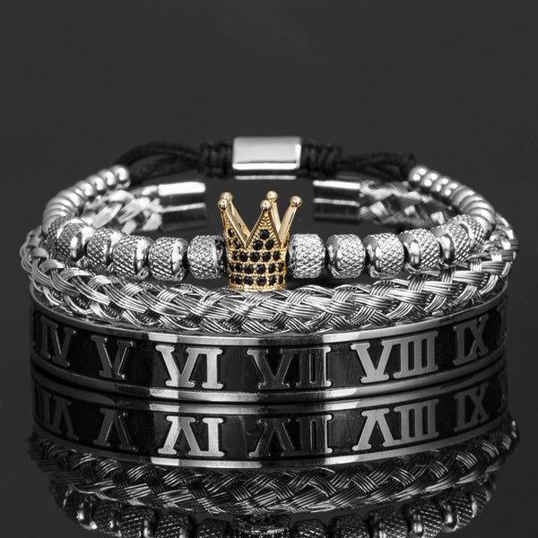 3 Piece Set Luxury Crown Handmade Men Enamel Roman Numeral Bangles Hemp Rope Stainless Steel Micro Pave CZ Luxury Jewelry