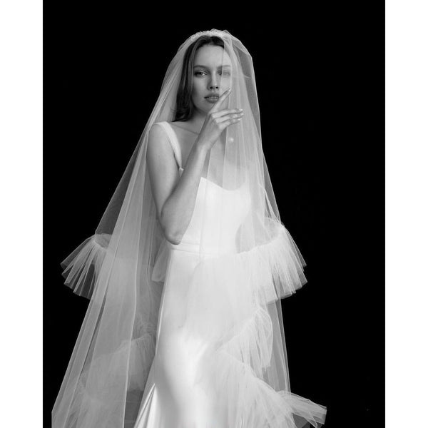 Romantic Ruffles Wedding Veil With Face Cover 2 Layers Cathedral Length - Frimunt Clothing Co.