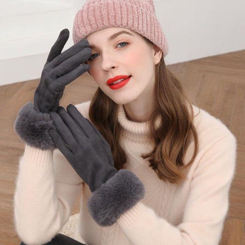 Fashion Women Winter Warm Suede Leather Touch Screen Glove Female Faux Rabit Fur Embroidery Plus velvet thick driving gloves H92 - Frimunt Clothing Co.