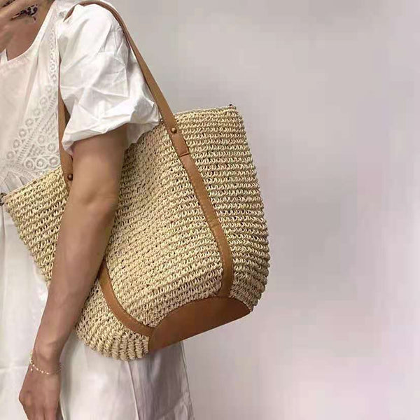 Women's Hand Woven Hand-Stitched Straw Big Tote Shopper Bag Summer Beach