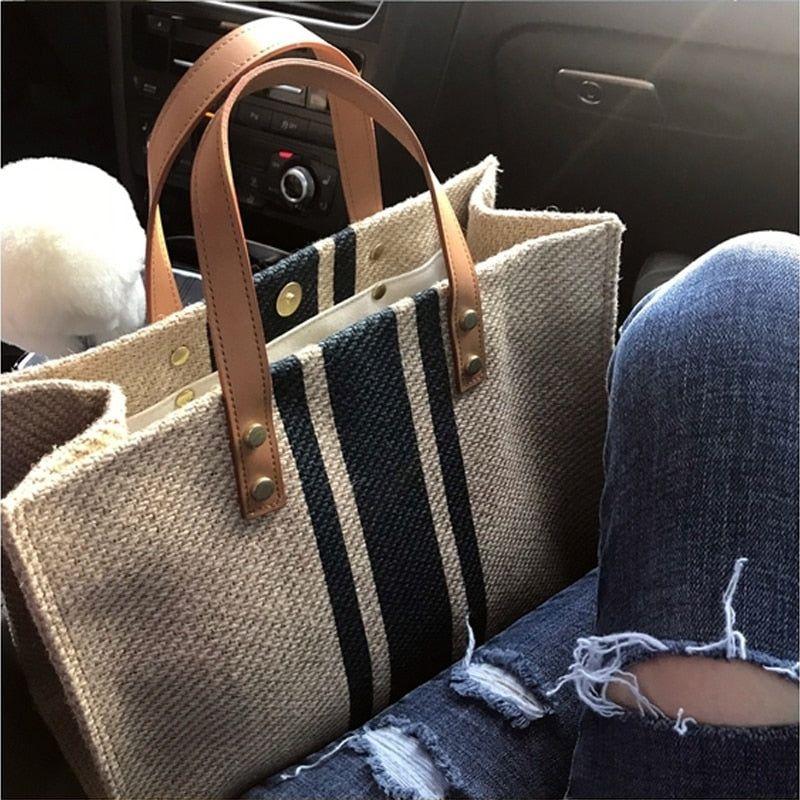 Women's Large Capacity Tote Handbag Vintage Striped Print On Canvas Leather Handles - Frimunt Clothing Co.