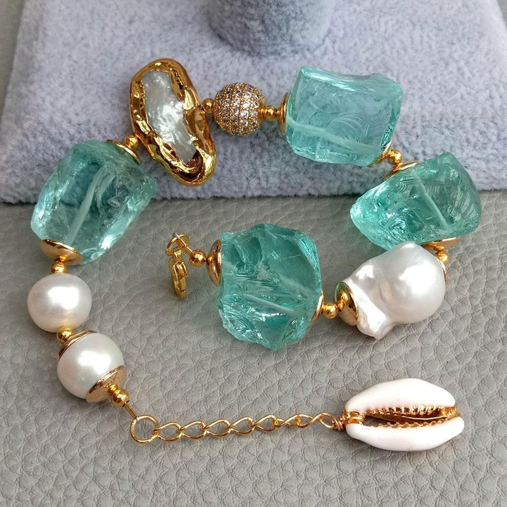 Women's Cultured White Keshi & Biwa Pearls Gold Plated Blue Sea Glass Rhinestones Handmade  Bracelet Chic Fashion Jewelry - Frimunt Clothing Co.