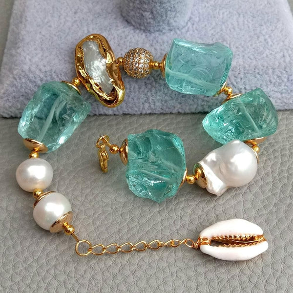 Women's Cultured White Keshi & Biwa Pearls Gold Plated Blue Sea Glass Rhinestones Handmade  Bracelet Chic Fashion Jewelry - Frimunt Clothing Co.