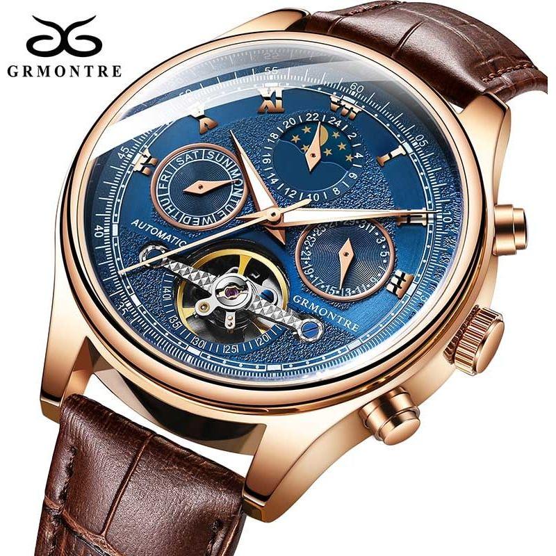Men's Skeleton Tourbillon Mechanical Watch Automatic Classic Rose Gold Leather Band Wrist Watch - Frimunt Clothing Co.