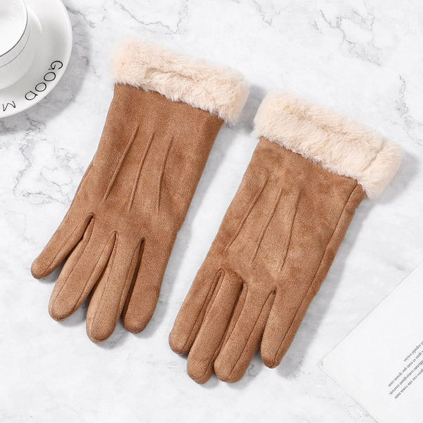 Women Winter Touch Screen Suede Furry Warm Full Finger Gloves