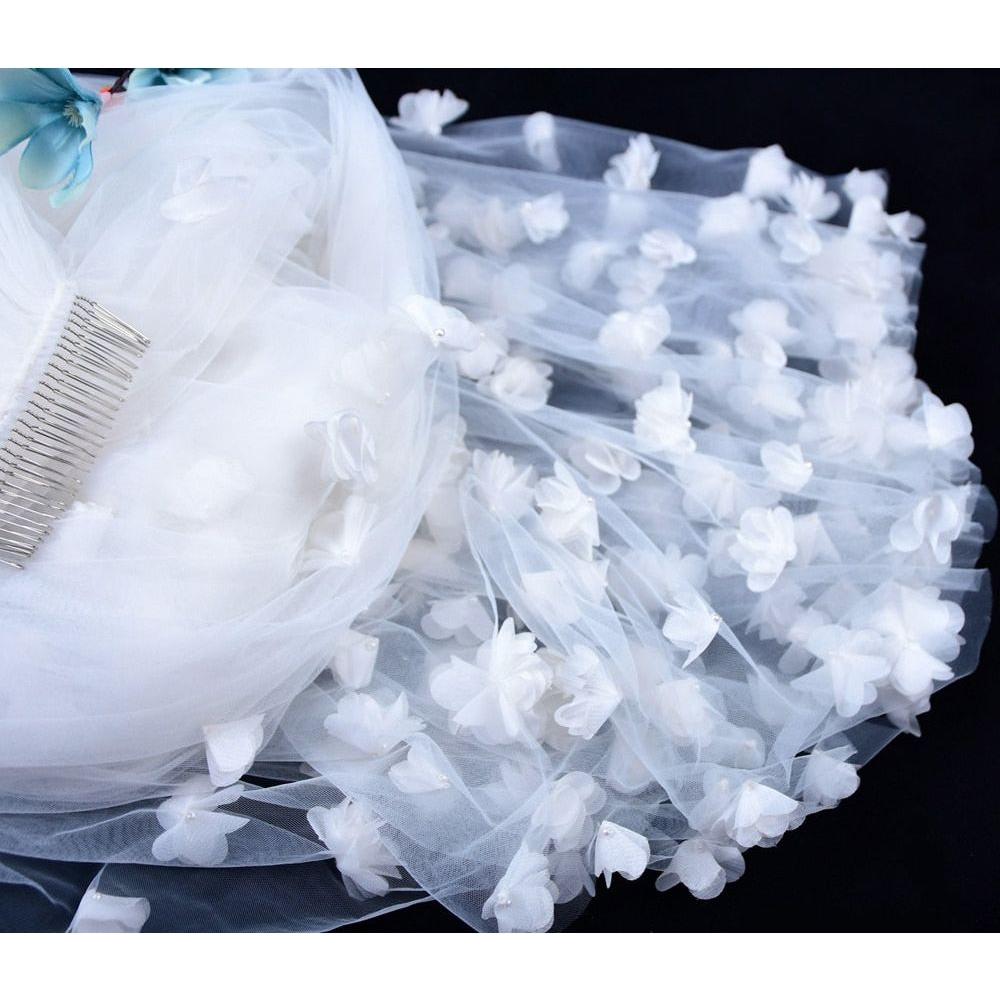 Bridal Veil With 3d Flowers Luxurious Wedding Veils Pure White Short - Frimunt Clothing Co.