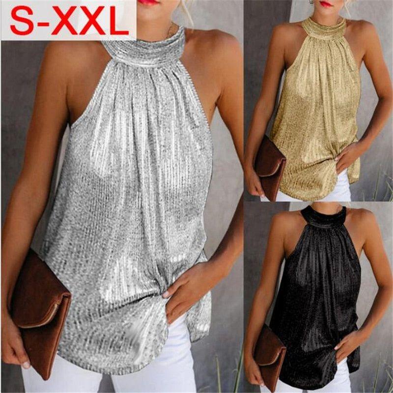 Women's Fashion Shiny Halter Neck Tank Tops Summer Casual Solid Color Blouse Black Gold Silver Leopard - Frimunt Clothing Co.