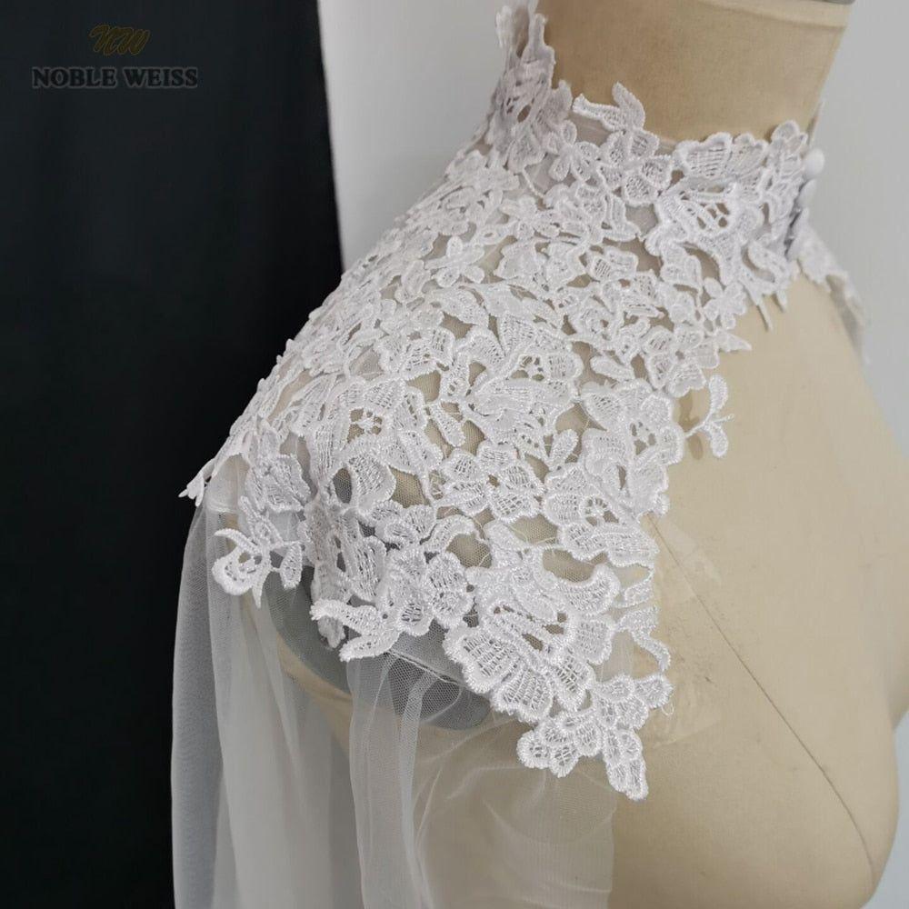 Lace Appliques Tulle Bridal Cape High Neck Long Cathedral Length - Frimunt Clothing Co.