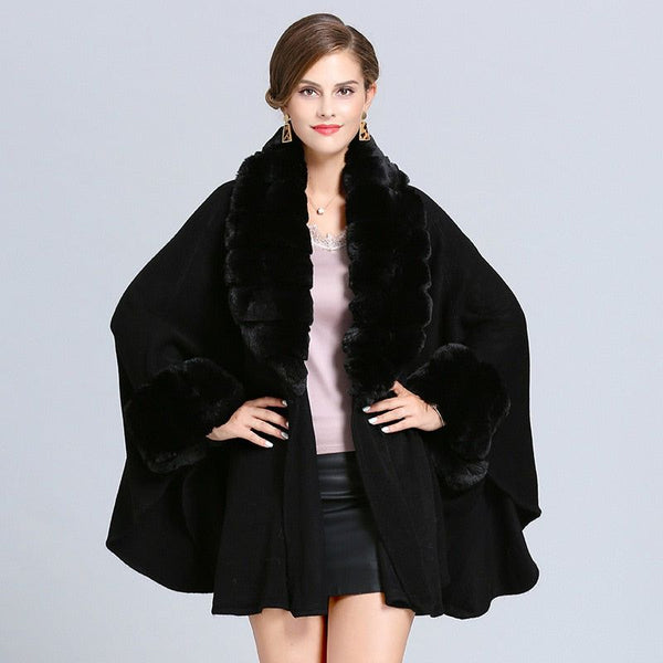 Women's Solid Colors Cloak Knitted Shawl Big Faux Fox Fur Trim Collar Loose Long Batwing Sleeves Poncho Cape - Frimunt Clothing Co.