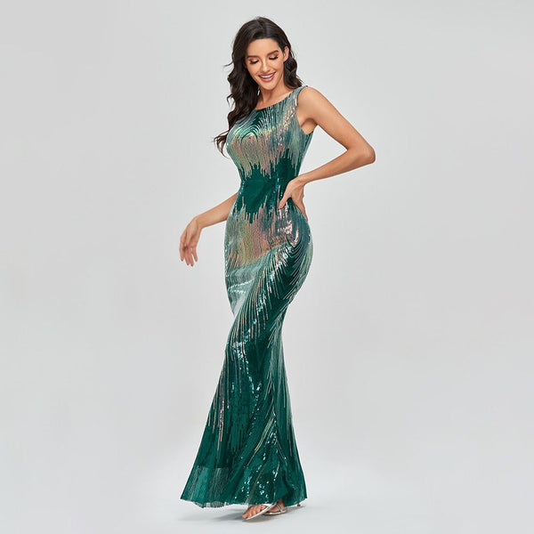 Sleeveless O-neck Evening Party Dress Shinning Sequins Mermaid Prom Gowns Elegant Slim Robe De Soriee Women Full Dress 2021 New