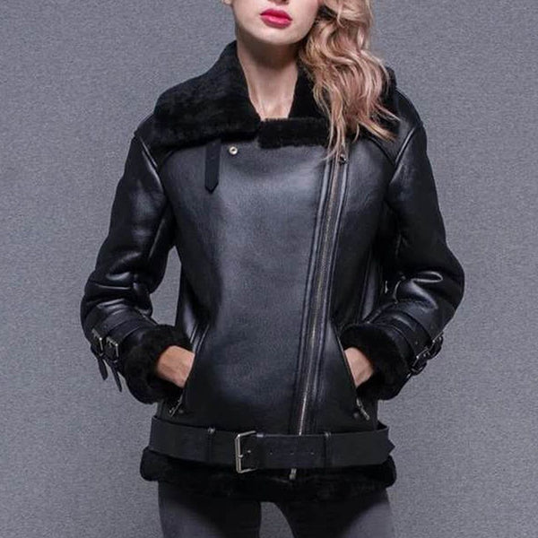 Thick And Warm Faux Leather Women's Aviator Jacket Beige/Black Long-Sleeved Belted Jacket 2021 Winter Fashion