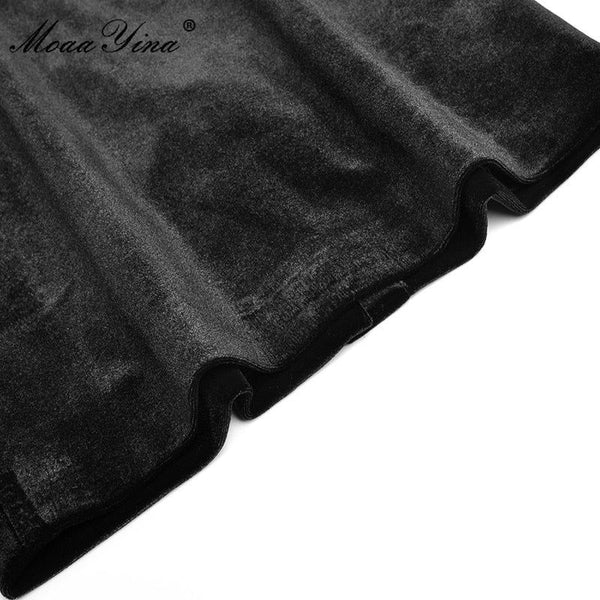 Designer Winter Women's 2 Piece Set Notched Bow Beading Long Sleeve Ruffle Top + Black Velvet Skirt - Frimunt Clothing Co.