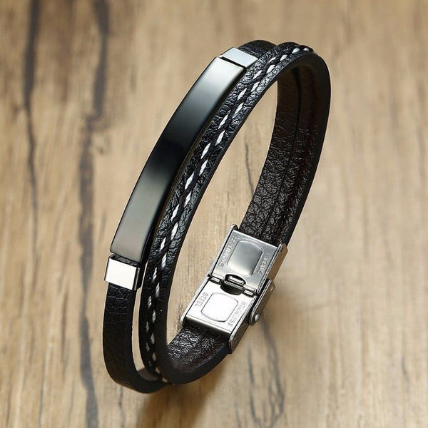 Trendy Men's Leather Weave Bracelet 3 Colors Contrast Stainless Steel Bangle - Frimunt Clothing Co.