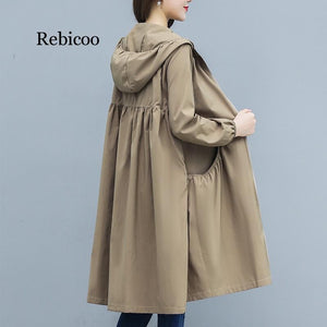 Spring Autumn Women's Hooded Trench Coat Long Loose Zippered