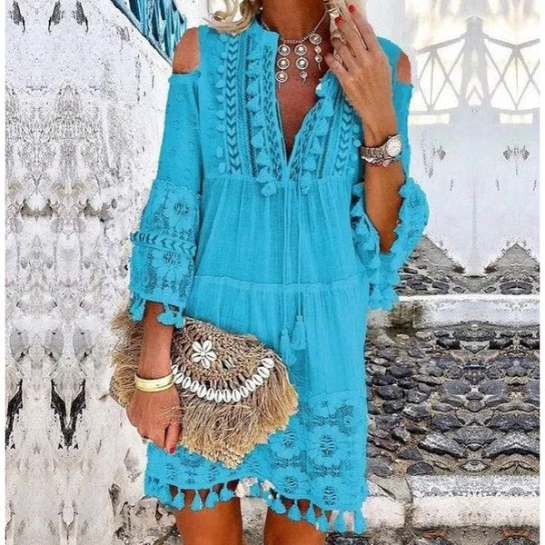 Women's Cotton Boho V-neck Lace Tassel Summer Mini Dress - Frimunt Clothing Co.