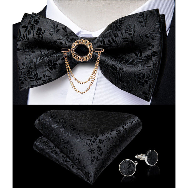 Black Floral Silk Men's Cummerbunds Bow Tie, Brooch, Hanky, Tuxedo Formal Wide Belt and Cufflinks Set. Formal Men's Fashion.