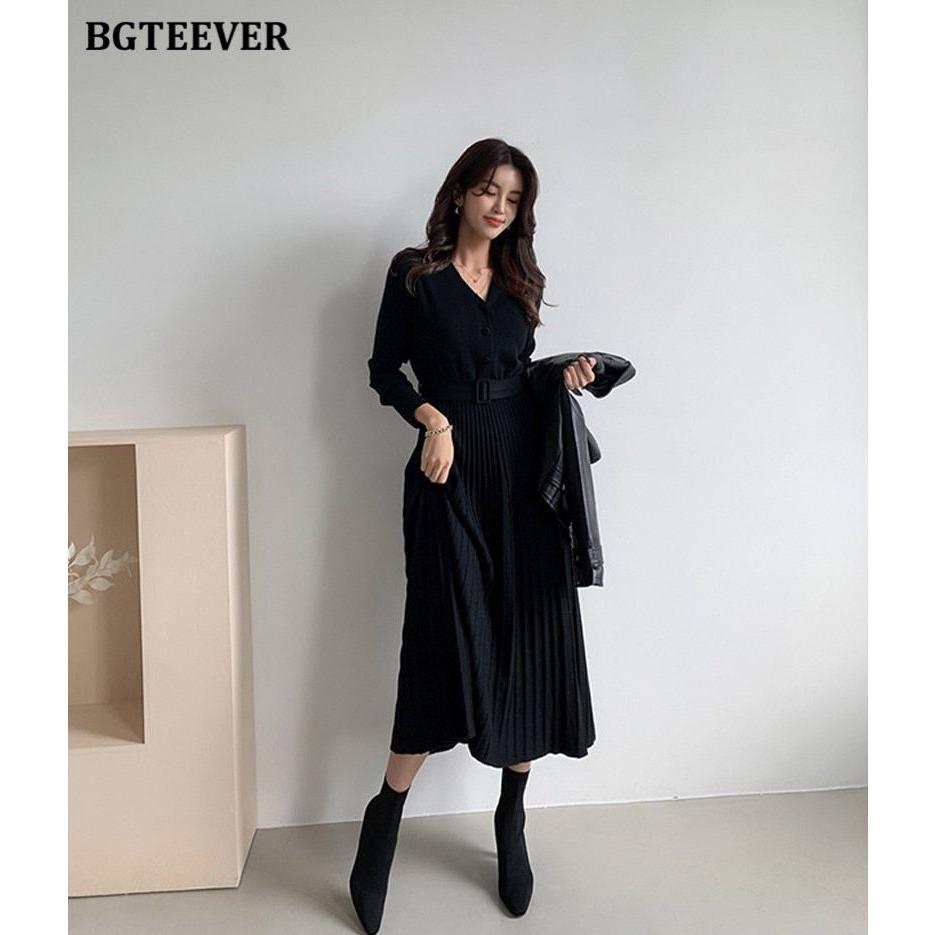 Elegant V-Neck Autumn Winter Knitted Belted Pleated Women's Long Dress - Frimunt Clothing Co.