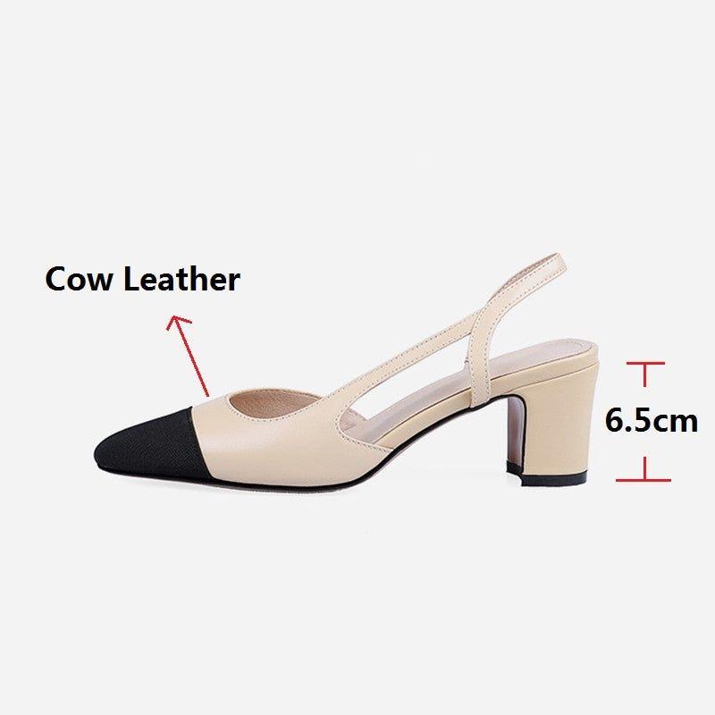 Women Luxury Brand Designer Inspired Low Mid Heels Natural Genuine Leather Slingback Beige Nude Pumps - Frimunt Clothing Co.