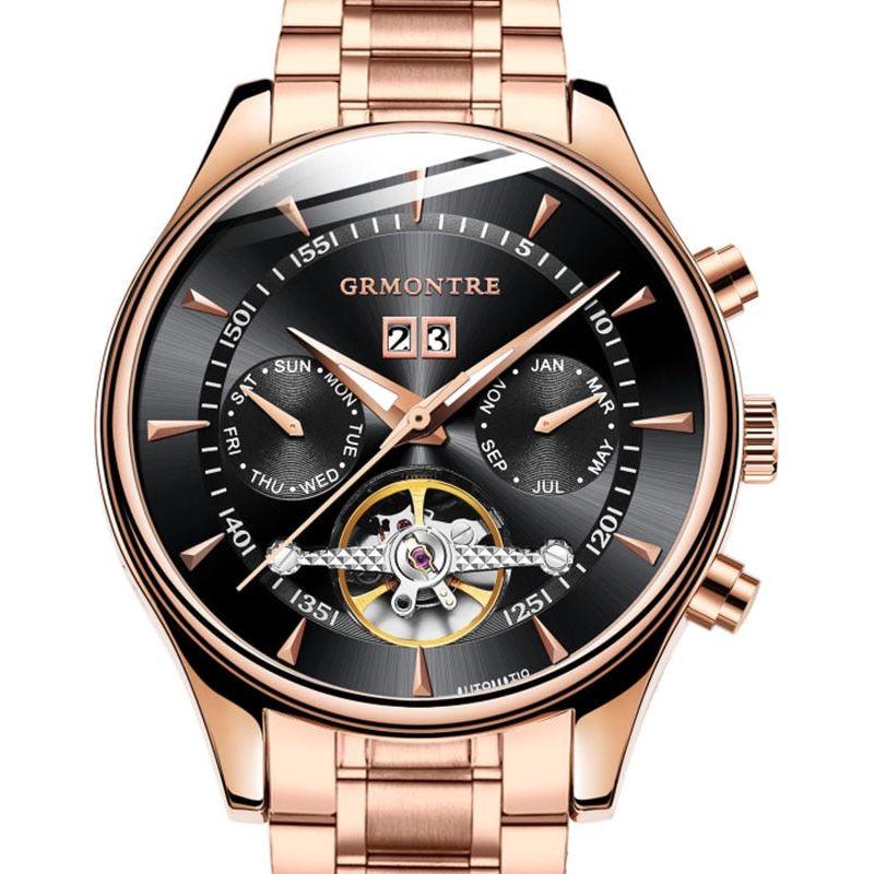 Men's Skeleton Tourbillon Mechanical Watch Automatic Classic Rose Gold Leather Band Wrist Watch - Frimunt Clothing Co.